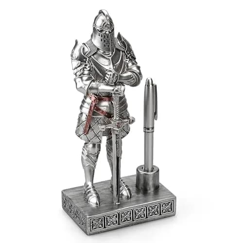 Amoysanli Silver Caddy Resin Pen Stand with Knight Statue | Retro Desk Organizer for Office & School thumbnail 2