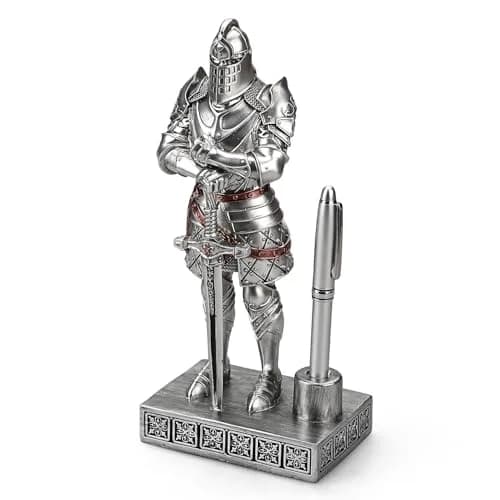 Amoysanli Silver Caddy Resin Pen Stand with Knight Statue | Retro Desk Organizer for Office & School thumbnail 3