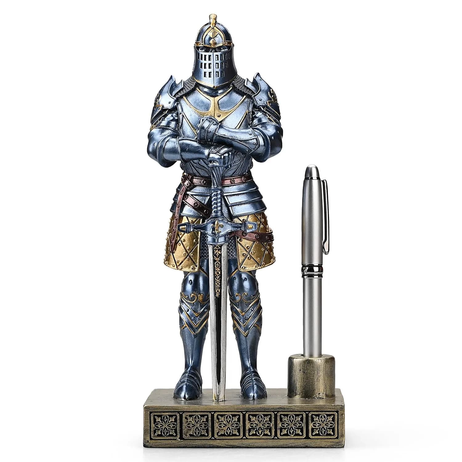 Amoysanli Silver Caddy Resin Pen Stand with Knight Statue | Retro Desk Organizer for Office & School — Blue