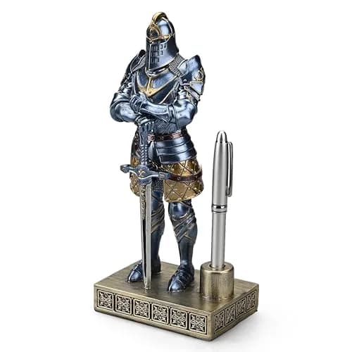 Amoysanli Blue Caddy Resin Pen Stand with Refillable Pen | Retro Knight Desk Organizer (4.2x2.75x9.45 inch) thumbnail 3