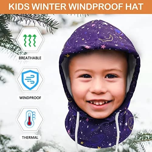 Ineetatu Kids Winter Balaclava Windproof Hats (2 Pack) - Universe + Snowman, Ages 4-16 | Warm Fleece Ski Mask with Adjustable Face Cover thumbnail 3