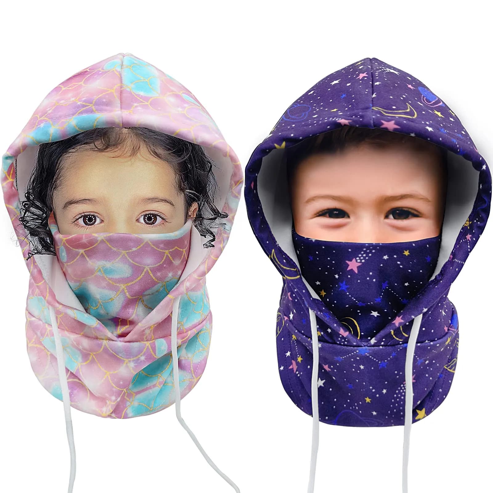 Ineetatu Kids Winter Balaclava Windproof Hats (2 Pack) - Universe + Snowman, Ages 4-16 | Warm Fleece Ski Mask with Adjustable Face Cover — Universe + Fish Scales