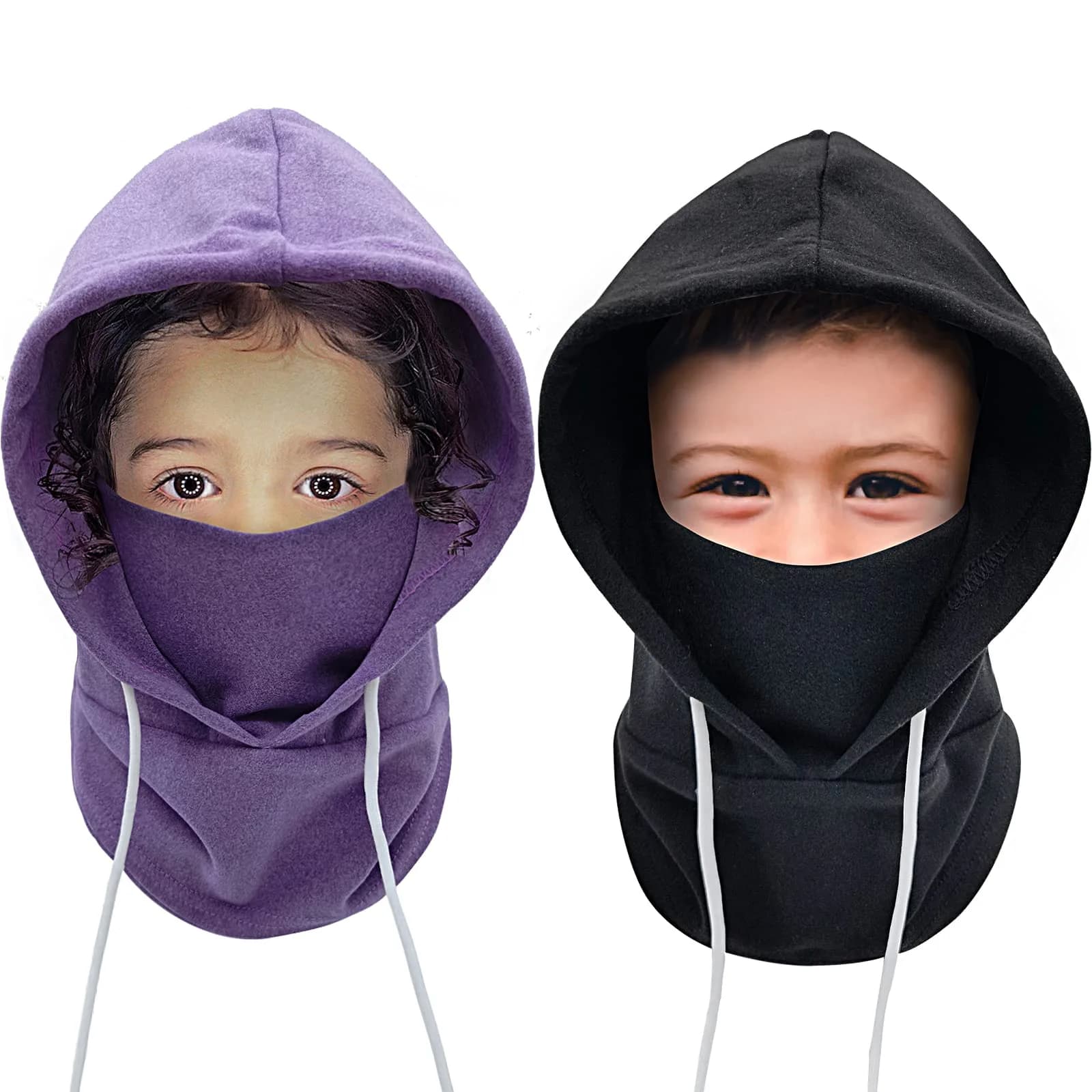 Ineetatu Kids Winter Balaclava Windproof Hats (2 Pack) - Universe + Snowman, Ages 4-16 | Warm Fleece Ski Mask with Adjustable Face Cover — Black + Purple