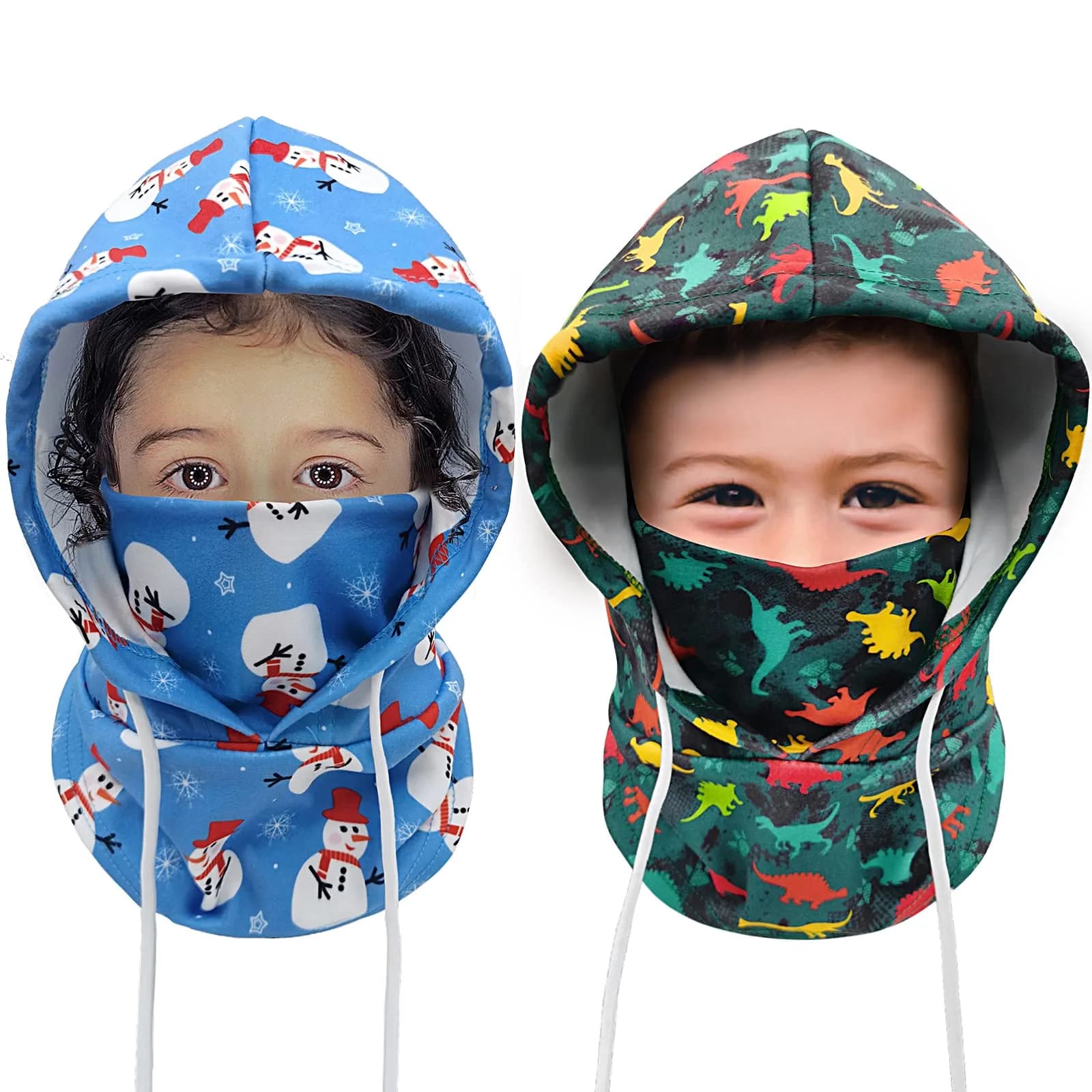 Ineetatu Kids Winter Balaclava Windproof Hats (2 Pack) - Universe + Snowman, Ages 4-16 | Warm Fleece Ski Mask with Adjustable Face Cover — Dinosaur + Snowman