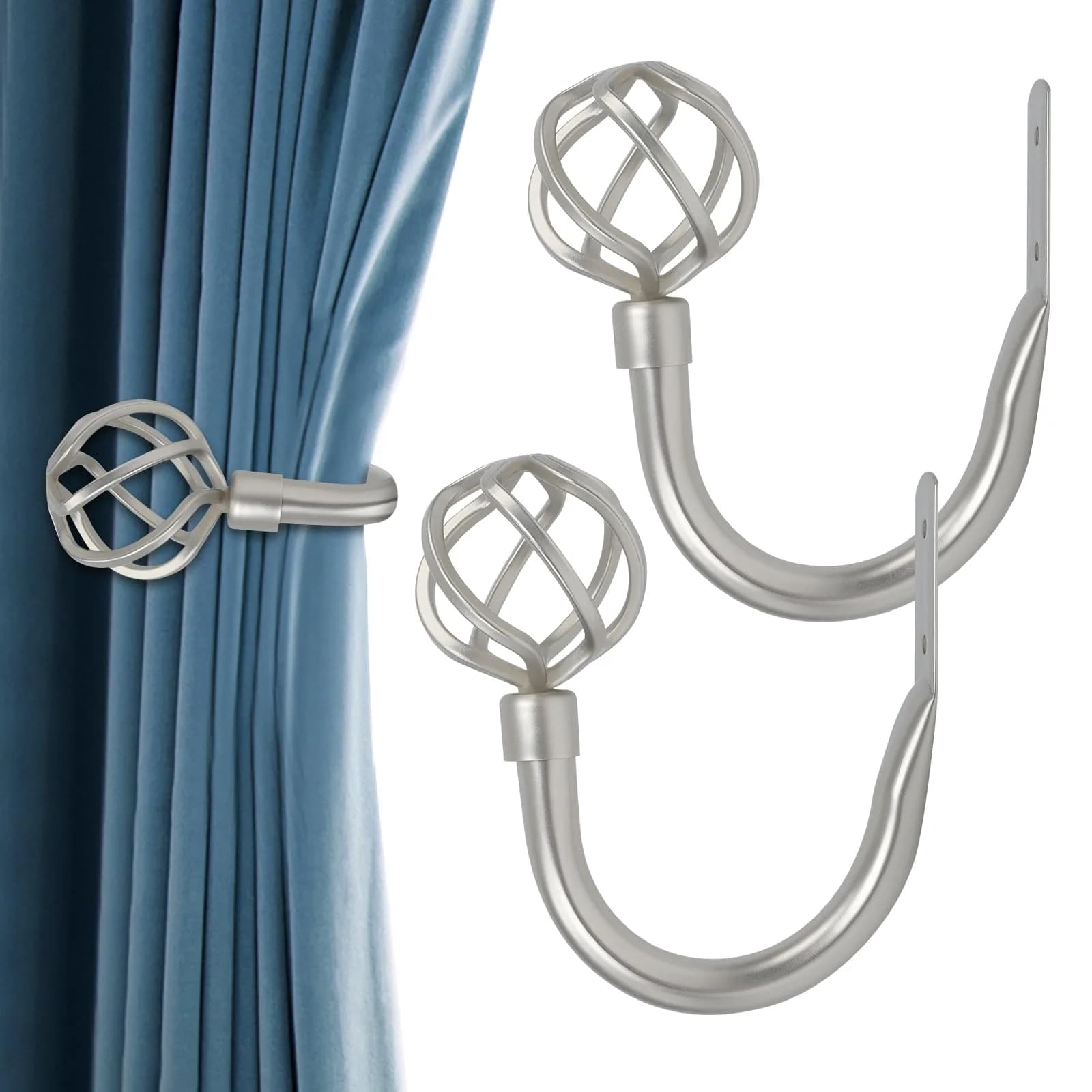 HIKMLK Geometric Industrial Curtain Holdbacks 2pcs | Heavy Duty Cast Iron Wall Hooks (Matt Black) — Satin Nickel
