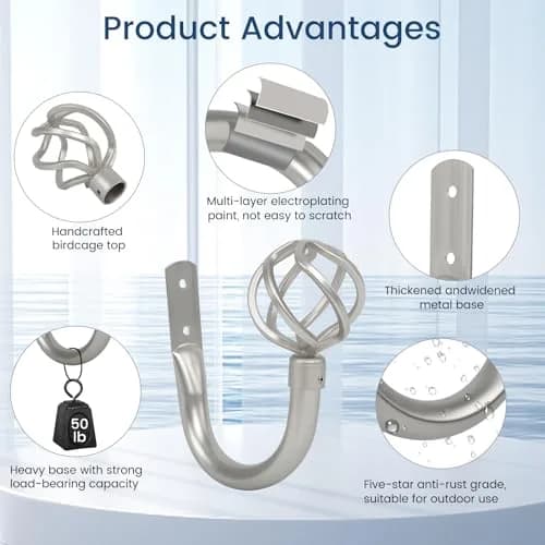HIKMLK Curtain Holdbacks 2pcs | Solid Cast Iron Heavy Duty Wall Hooks (Satin Nickel) thumbnail 3