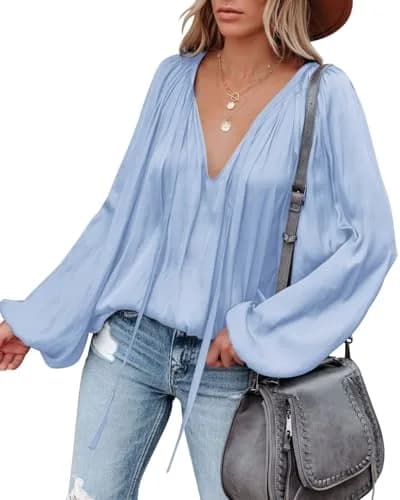 LAMISSCHE Womens Deep V Neck Blouse Satin Long Sleeve | Sexy Casual Tunic in Polyester (L) thumbnail 1