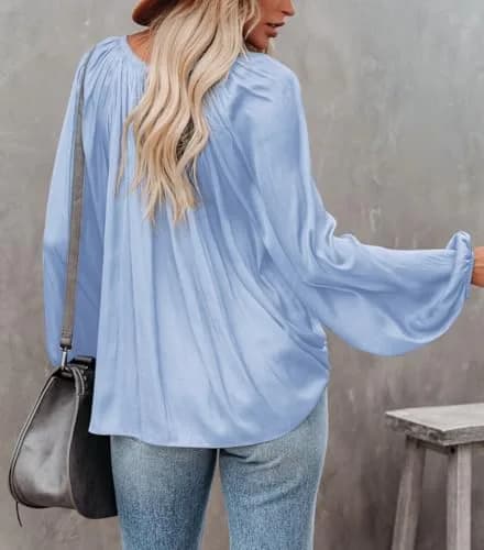 LAMISSCHE Womens Deep V Neck Blouse Satin Long Sleeve | Sexy Casual Tunic in Polyester (L) thumbnail 6