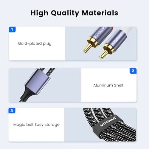 MOSWAG USB-C to 2 RCA Audio Cable 6.6ft | DAC Chip, Gold-Plated Connectors, Braided Nylon thumbnail 6
