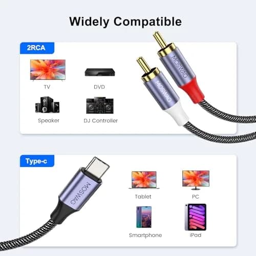 MOSWAG USB-C to 2 RCA Audio Cable 6.6ft | DAC Chip, Gold-Plated Connectors, Braided Nylon thumbnail 7