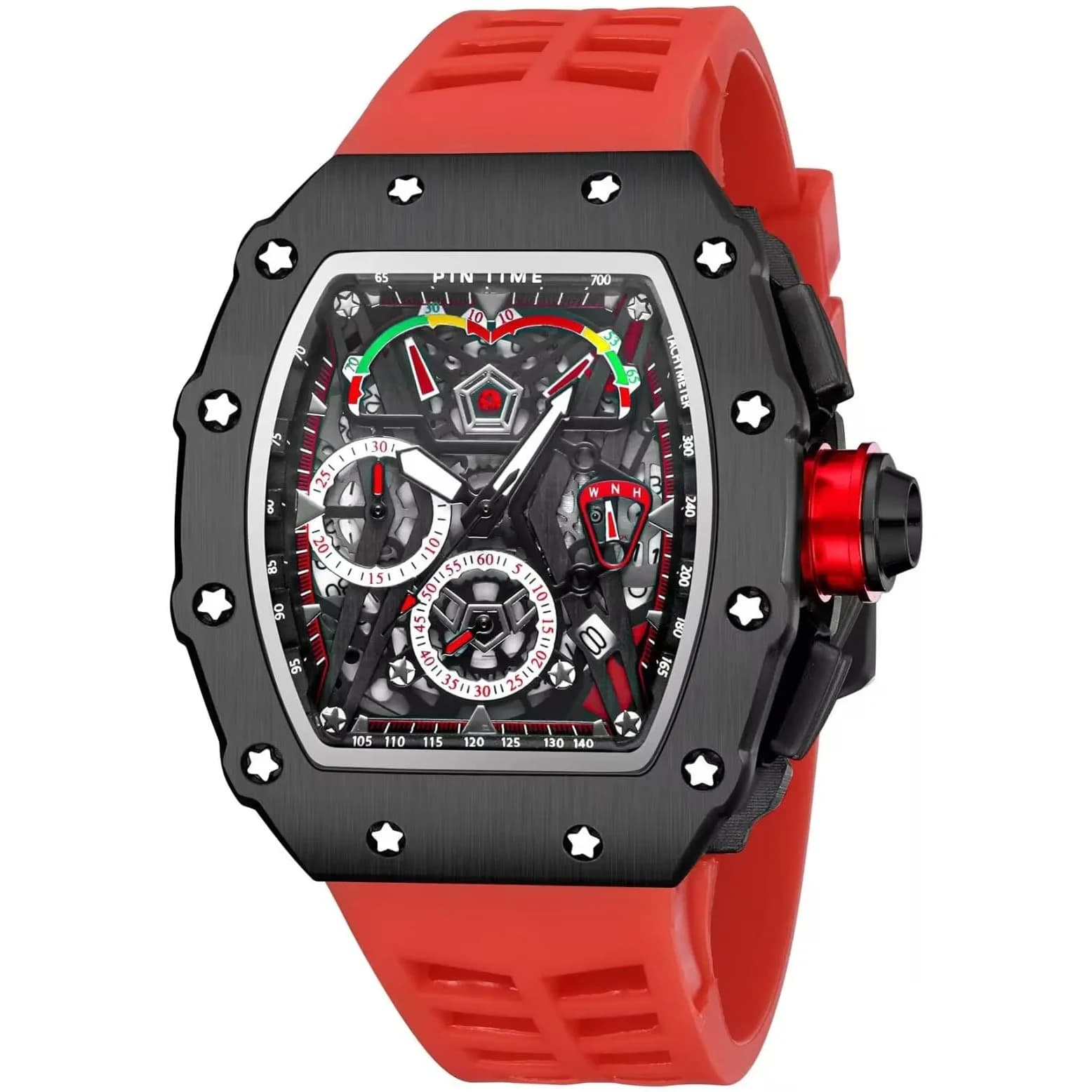 FANMIS Luxury Tonneau Square Watch for Men | Japanese Quartz Chronograph with Luminous Dial & Rubber Band (Black Red, 55mm Case) - main product image