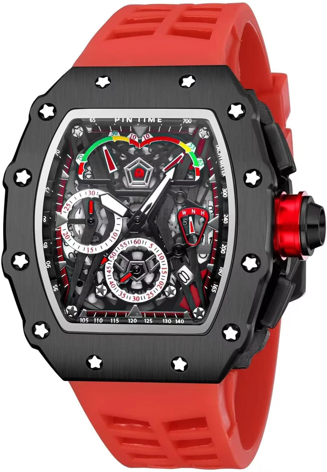 FANMIS Luxury Tonneau Square Watch for Men | Japanese Quartz Chronograph with Luminous Dial & Rubber Band (Black Red, 55mm Case) — Black Red