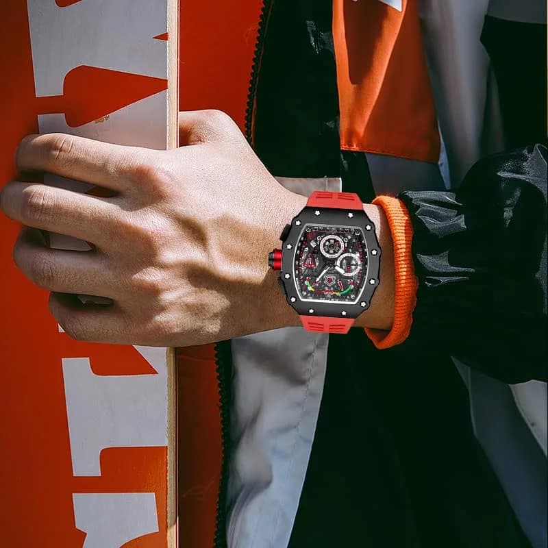 FANMIS Luxury Tonneau Square Watch for Men | Japanese Quartz Chronograph with Luminous Dial & Rubber Band (Black Red, 55mm Case) thumbnail 5