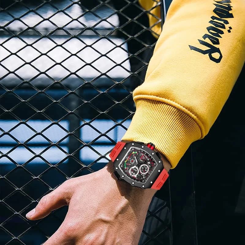 FANMIS Luxury Tonneau Square Watch for Men | Japanese Quartz Chronograph with Luminous Dial & Rubber Band (Black Red, 55mm Case) thumbnail 7