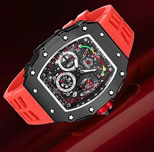 FANMIS Luxury Tonneau Square Watch for Men | Japanese Quartz Chronograph with Luminous Dial & Rubber Band (Black Red, 55mm Case) thumbnail 9