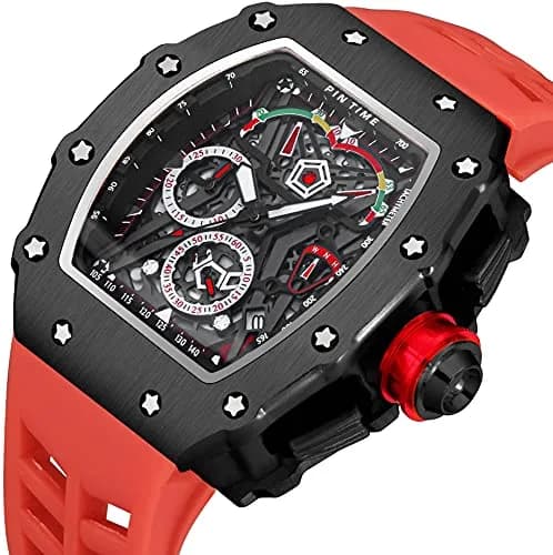 FANMIS Luxury Tonneau Square Watch for Men | Japanese Quartz Chronograph with Luminous Dial & Rubber Band (Black Red, 55mm Case) thumbnail 2