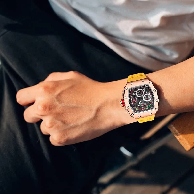 FANMIS Luxury Tonneau Square Watch for Men | Rosegold Yellow, Analog Chronograph with Rubber Band (4.5cm Case) thumbnail 7