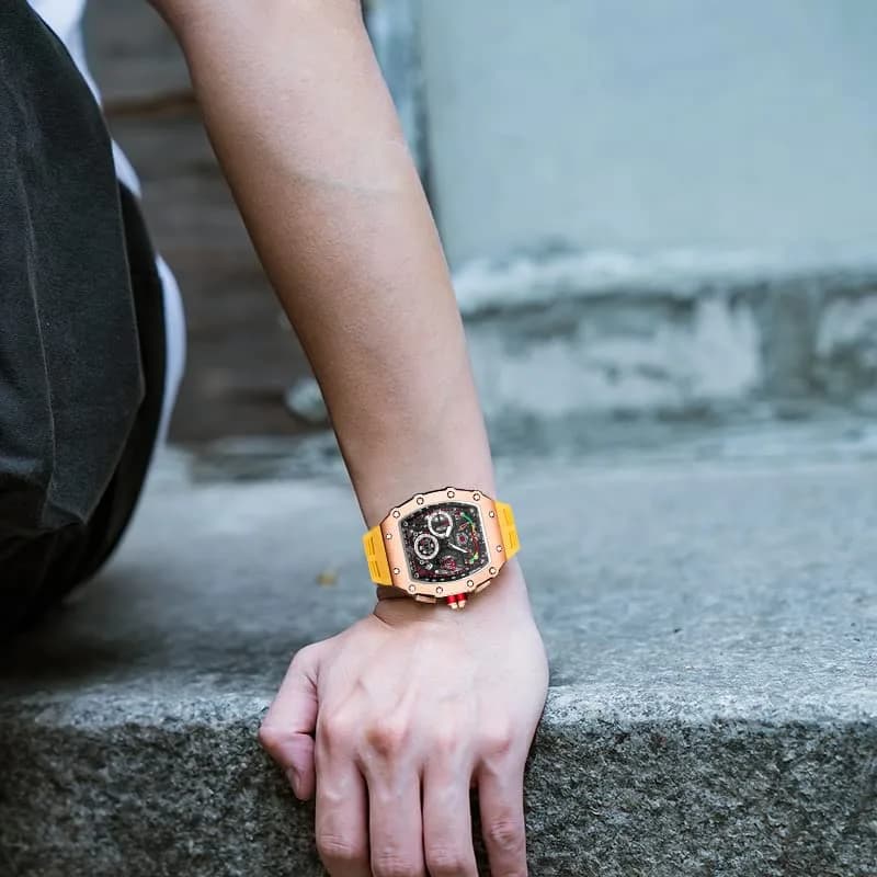 FANMIS Luxury Tonneau Square Watch for Men | Rosegold Yellow, Analog Chronograph with Rubber Band (4.5cm Case) thumbnail 8