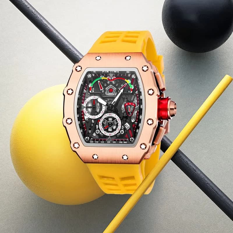 FANMIS Luxury Tonneau Square Watch for Men | Rosegold Yellow, Analog Chronograph with Rubber Band (4.5cm Case) thumbnail 4