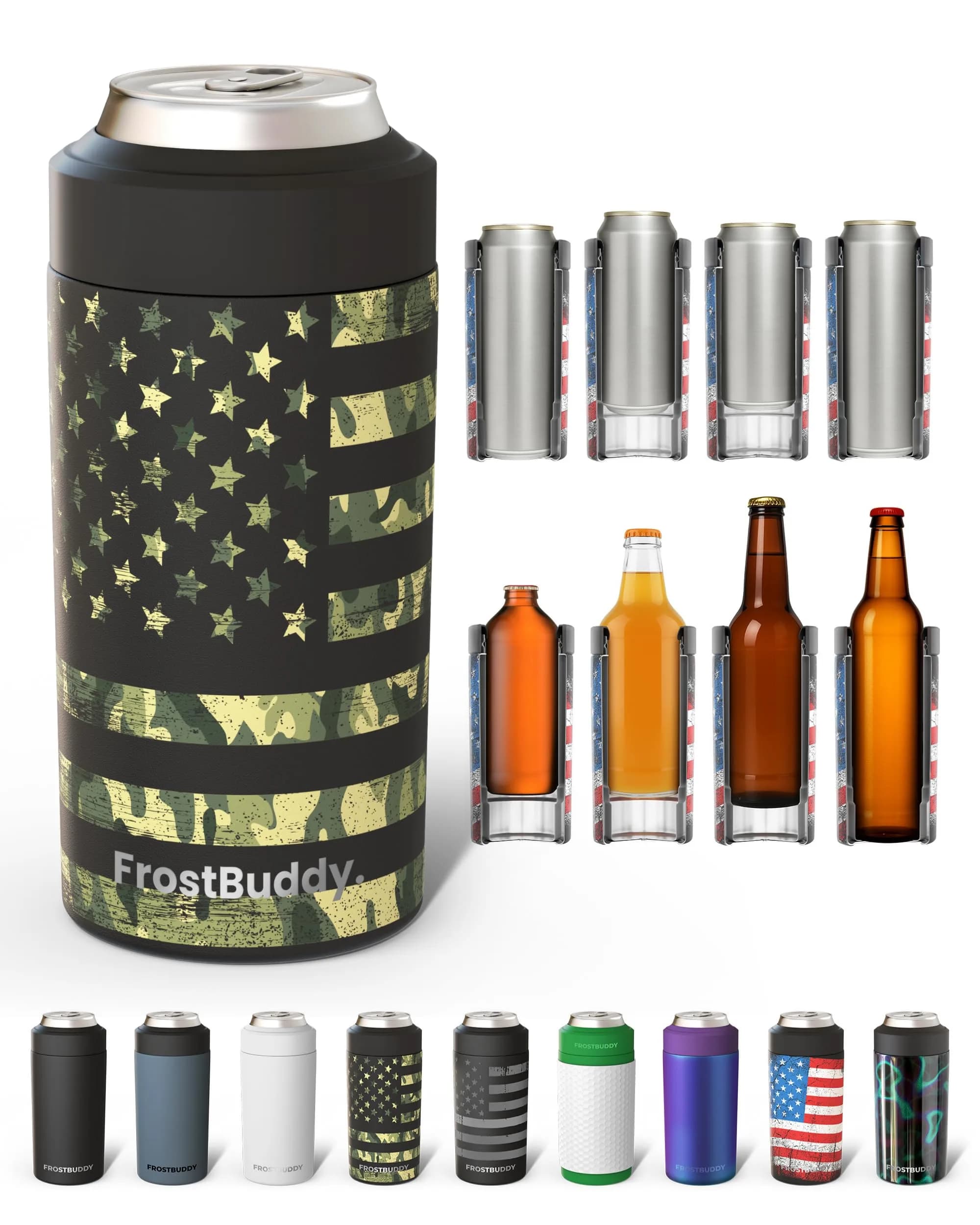 Frost Buddy Universal Can Cooler - 12oz/16oz Slim & Regular Cans, Bottles | Fits 5 Sizes, Keeps Drinks Cold 24 Hrs