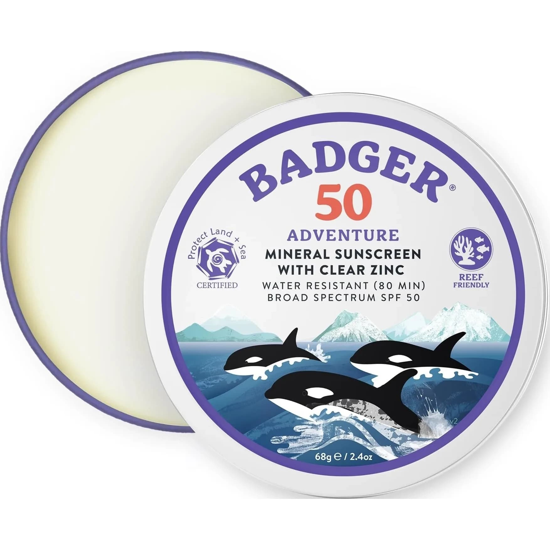 Badger Reef Safe Mineral Sunscreen SPF 50 85ml (2.9 Fl Oz) | Broad Spectrum UVA/UVB Protection — 2.4 Fl Oz / Tin