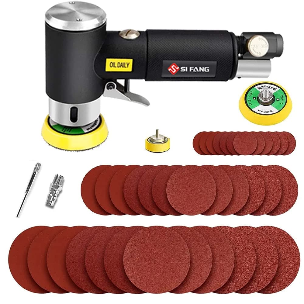 SI FANG Mini Air Sander 1" 2" 3" Pneumatic Random Orbital Polisher Kit | 15000 RPM Dual Action Air Sander with 51PCS Sanding Discs & Pads