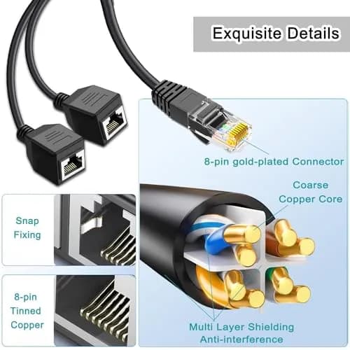 ukiism Ethernet Splitter 1 to 2, RJ45 Male to 2 Female Ports, 0.3m (1ft) Cable | Cat7, Cat6, Cat5e Compatible thumbnail 5