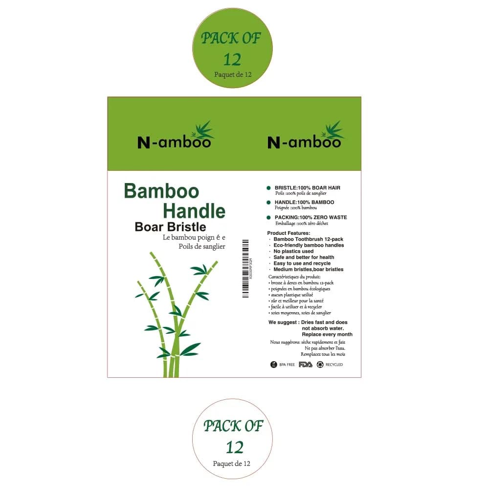 N-amboo Natural Bamboo Toothbrush 12 Count | Boar Bristles, Biodegradable - main product image
