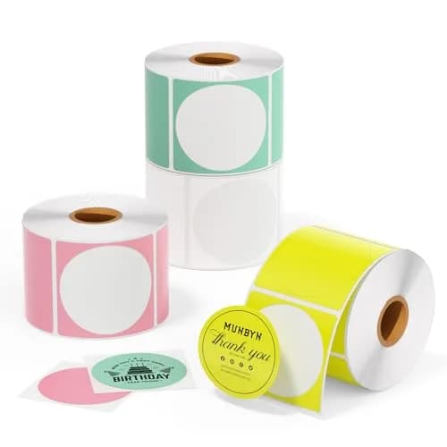 MUNBYN 2 Inch Round Thermal Labels, White Pink Green Yellow, 3000 Sheets/4 Rolls | Direct Thermal Printing for DIY & Business thumbnail 1