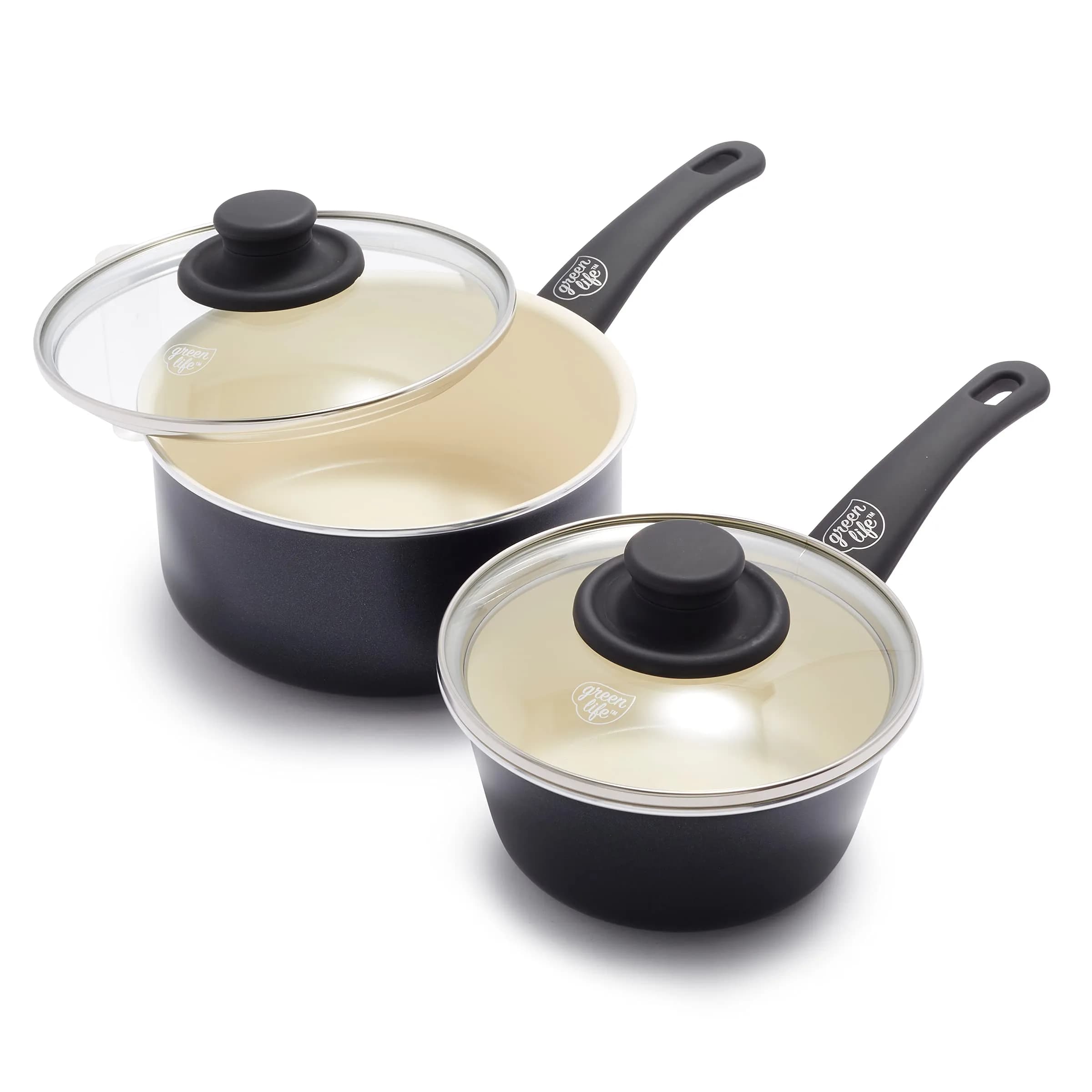 GreenLife Soft Grip 1QT & 2QT Saucepan Set | Healthy Ceramic Nonstick, Toxin-Free, Dishwasher Safe, Glass Lids, Stay-Cool Handles