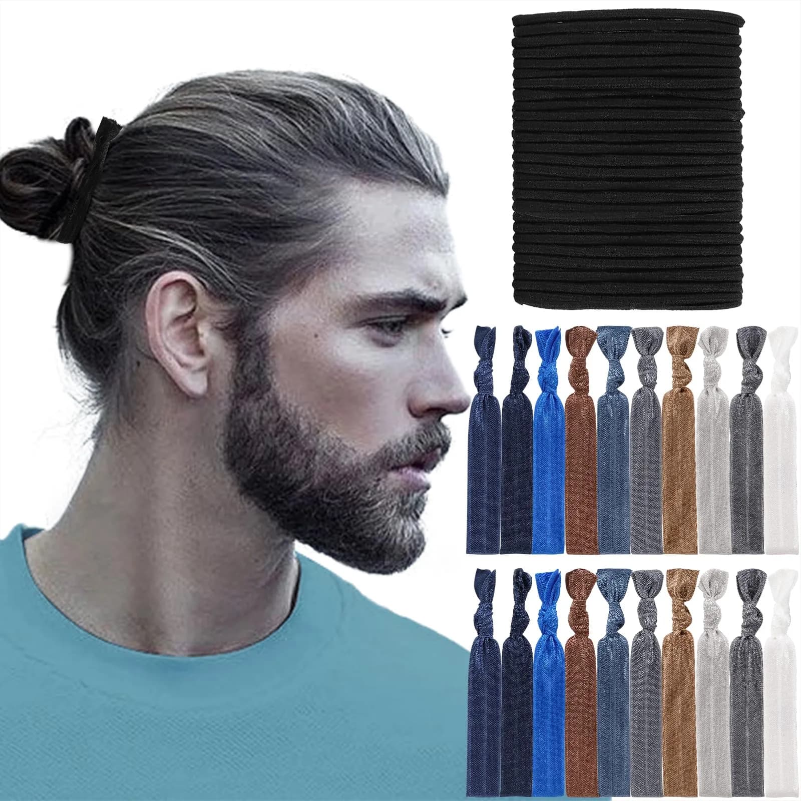79STYLE Men's Fabric Hair Ties (60-Pack) | No-Damage Knotted Ponytail Holders for Long Hair - main product image