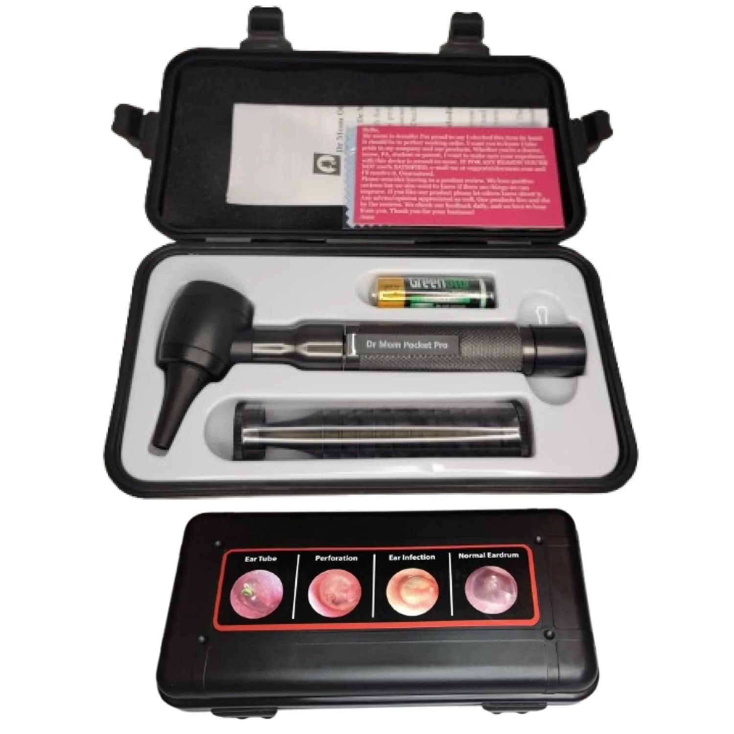 Doctor Mom LED Pocket Pro Otoscope Black | 4X Magnification, Adult & Pediatric Specula Included