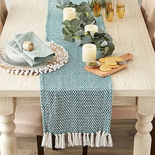 DII Woven Basics Collection 100% Cotton Knit Table Runner 183 cm (72") with Fringe | Teal thumbnail 2