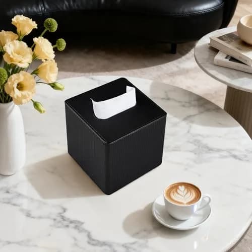 Cretkhp PU Leather Square Tissue Box Cover Cube Black | Modern Decorative Holder for Bathrooms thumbnail 6