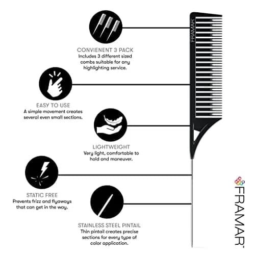 FRAMAR Dreamweaver Highlight Comb Set, Foiling Combs for Highlighting, 3 Sizes, Black | Static Free, Lightweight & Durable thumbnail 4