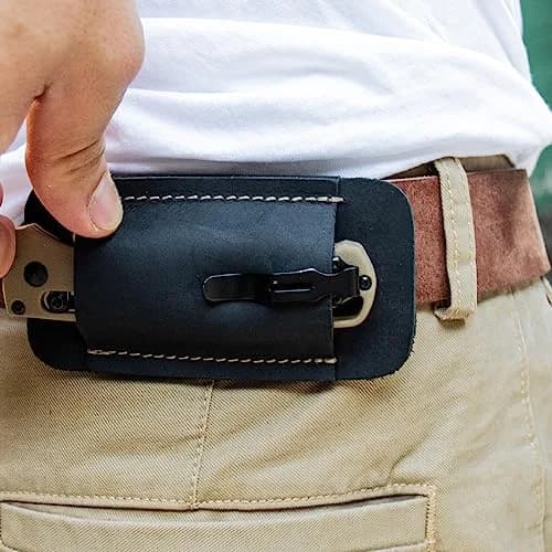 Topstache Handmade Leather Knife Sheath for Belt, Horizontal Carry EDC Pocket Organizer for Men, Size S, Black | Fits 2" Belts thumbnail 6