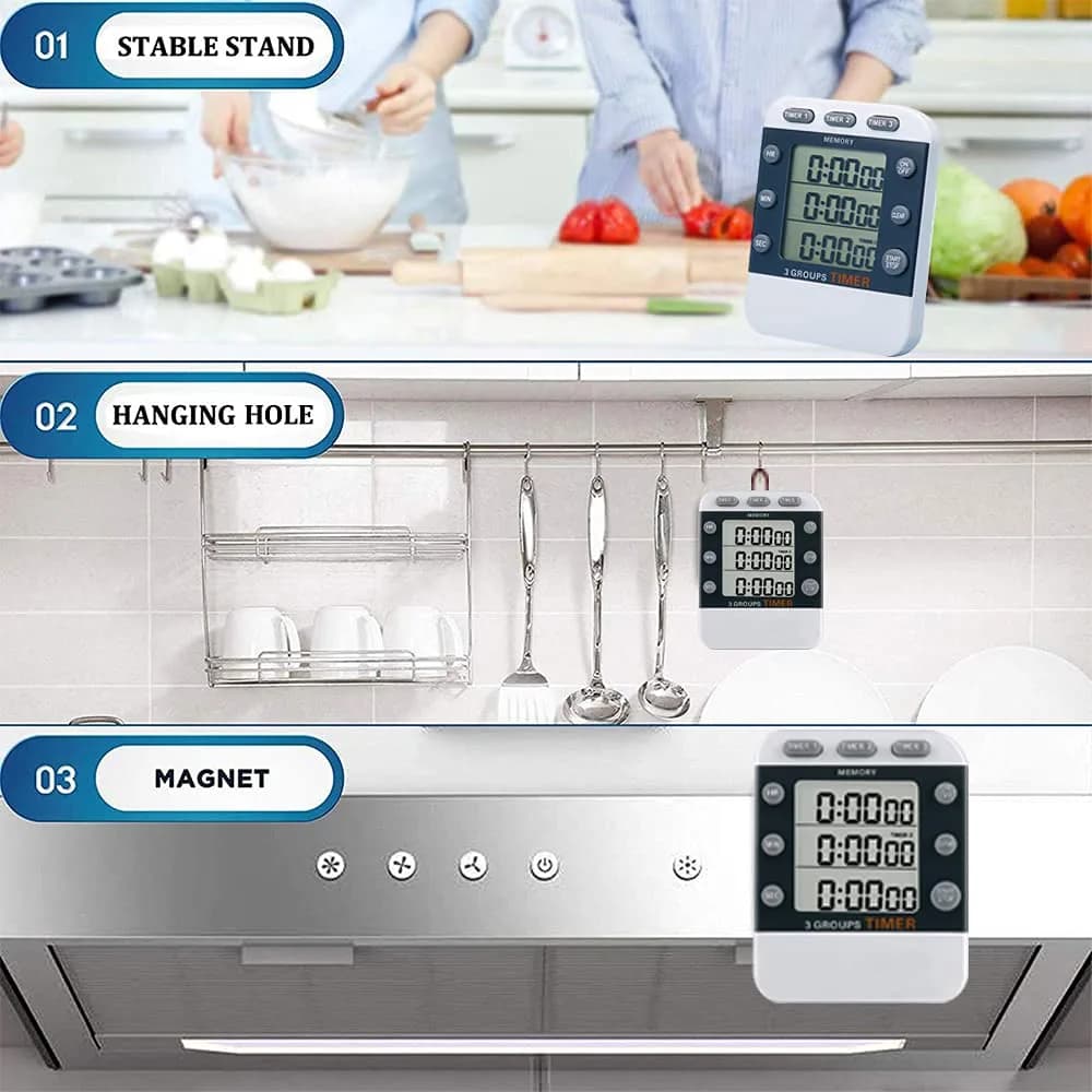 MOSTRUST Digital Dual Kitchen Timer, 3 Channels, Count Up/Down, Large Display, Magnet & Stand, AAA Batteries Included - view 5