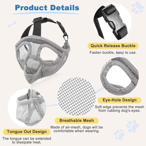 BARKLESS French Bulldog Muzzle, Full Panting Short Snout Mesh Muzzle Size S (Grey) thumbnail 8