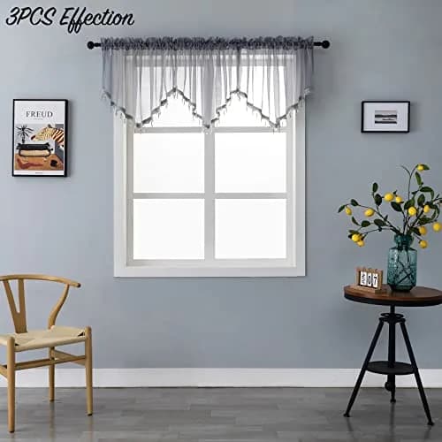 PearAge Beaded Sheer Valance Curtains for Living Room | Vintage Beaded Tassel Voile (51x24 Inches, Grey) thumbnail 7