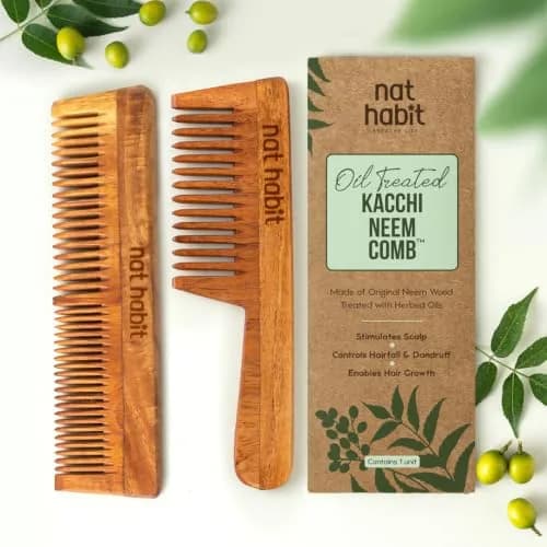 Nat Habit Back To Natural Neem Comb 18-20cm Brown | Handmade Neem Wooden Comb for Hair Growth & Stress Relief thumbnail 1