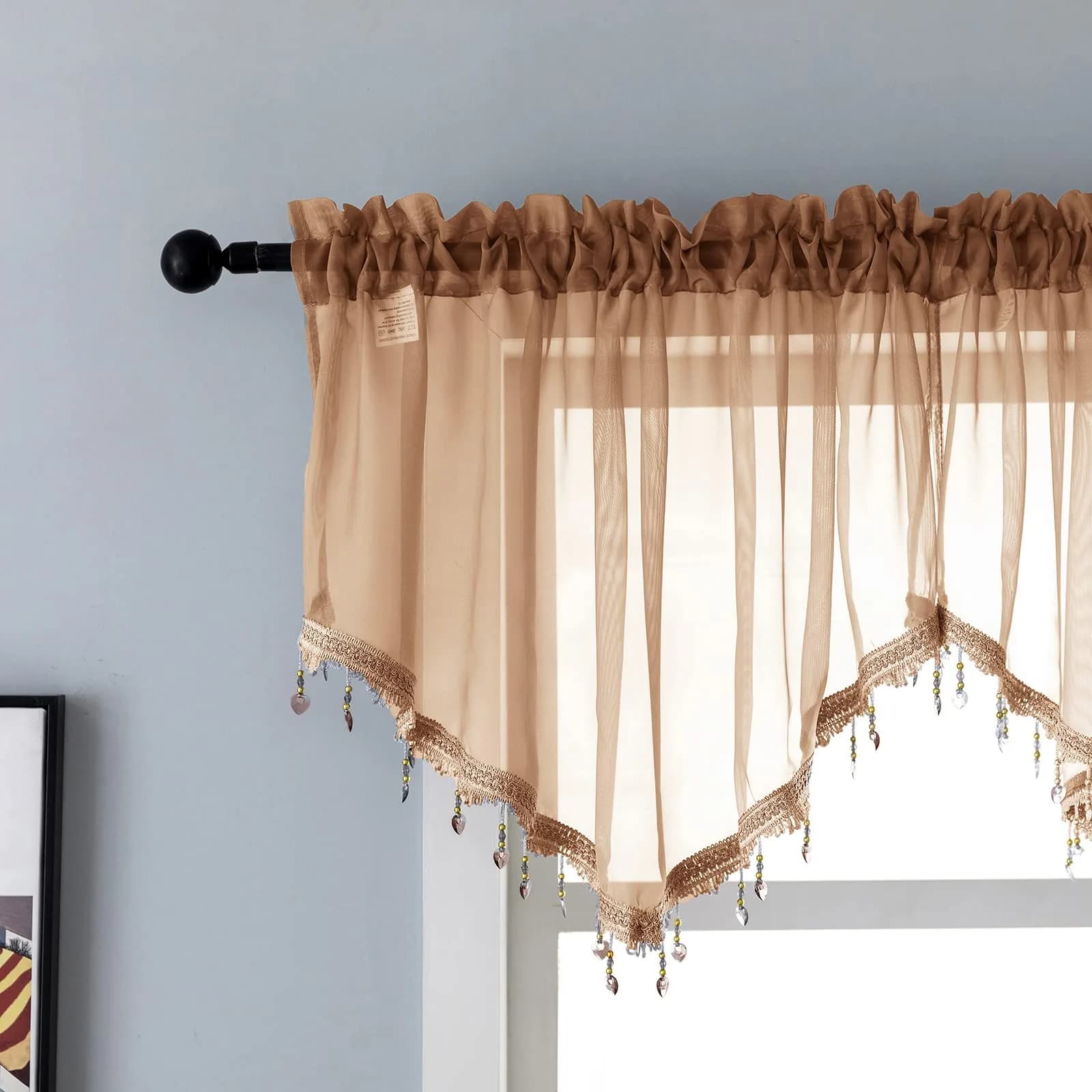 PearAge Beaded Sheer Valance Curtains 51x24 Inches | Vintage Bead Trim Tassel Voile Sheer Curtain for Bedroom & Living Room