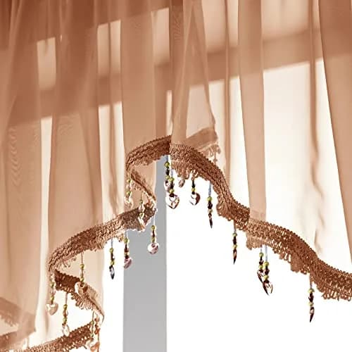 PearAge Beaded Sheer Valance Curtains 51x24 Inches | Vintage Bead Trim Tassel Voile Sheer Curtain for Bedroom & Living Room thumbnail 6