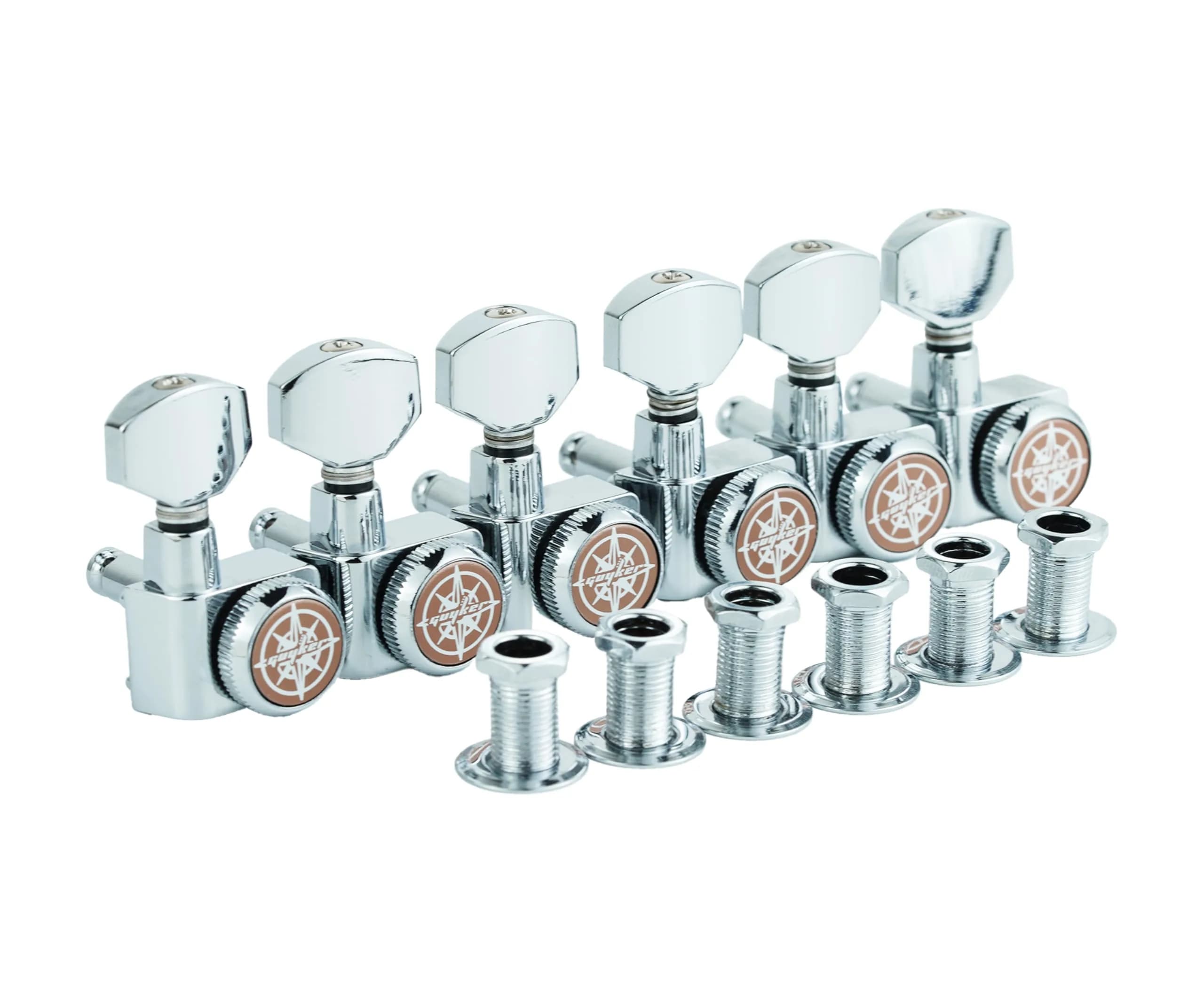 Guyker 6 In-line Guitar Locking Tuners 10mm Peg Holes Chrome | Precision 1:18 Gear Ratio - main product image