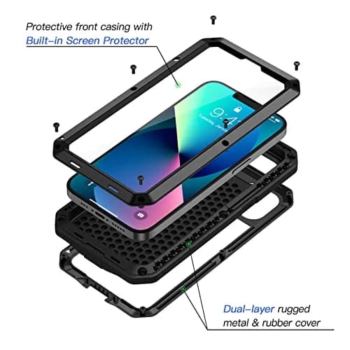 Lanhiem for iPhone 13 Metal Case 6.1 inch | Heavy Duty Shockproof Rugged Cover with Built-in Glass Screen Protector thumbnail 2