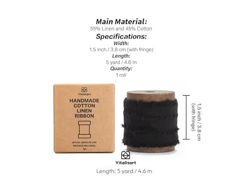 Vitalizart Black Cotton Linen Ribbon with Spool 4.57 m (5 Yd) | Handmade Fringe Fabric for Crafts thumbnail 2