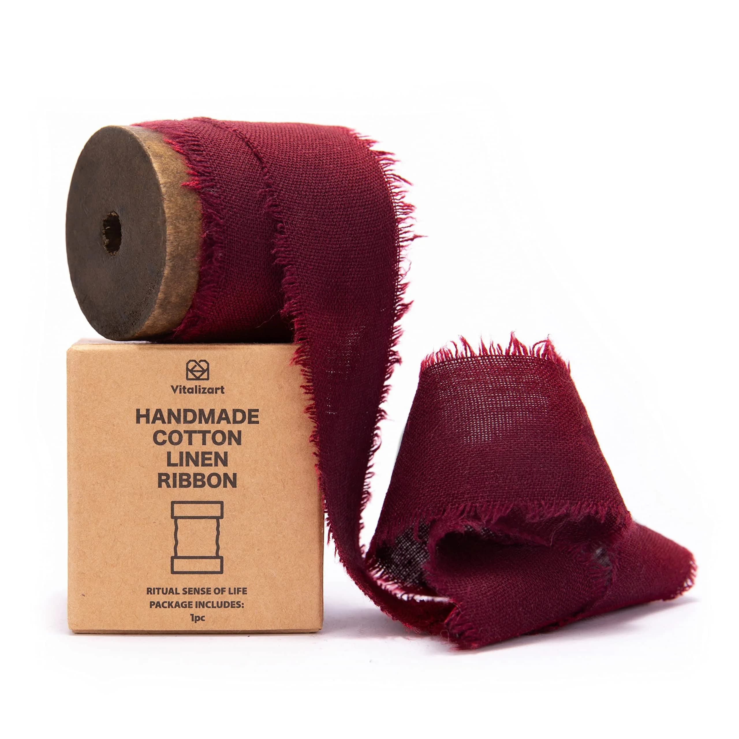 Vitalizart Burgundy Cotton Linen Ribbon with Spool 1.5" (4.57m) | Handmade Frayed Edge