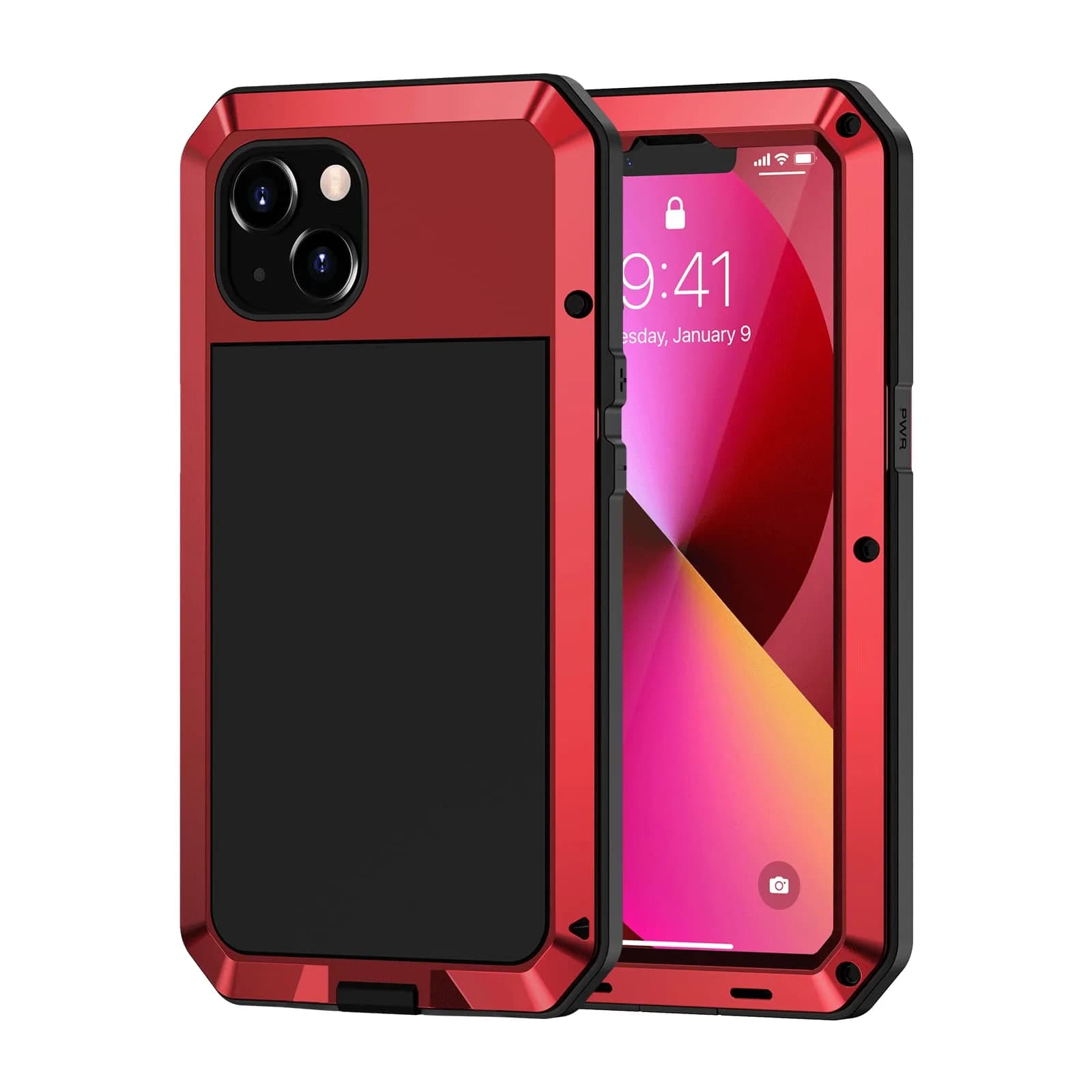 Lanhiem for iPhone 13 Metal Case 6.1 inch | Heavy Duty Shockproof Rugged Cover with Built-in Glass Screen Protector — Red