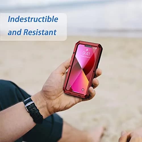 Lanhiem Red Metal Case for iPhone 13 (6.1 inch) | Heavy Duty Shockproof with Built-in Glass Screen Protector thumbnail 7