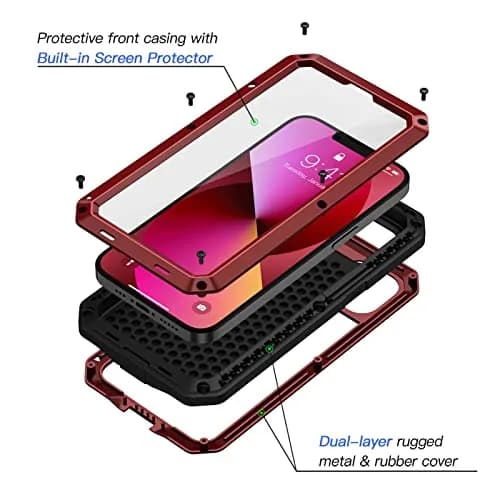 Lanhiem Red Metal Case for iPhone 13 (6.1 inch) | Heavy Duty Shockproof with Built-in Glass Screen Protector thumbnail 2