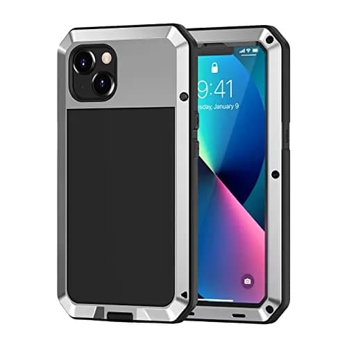 Lanhiem Metal Case for iPhone 13 6.1 inch with Built-in Glass Screen Protector, Silver | Heavy Duty Shockproof Rugged Defender thumbnail 1